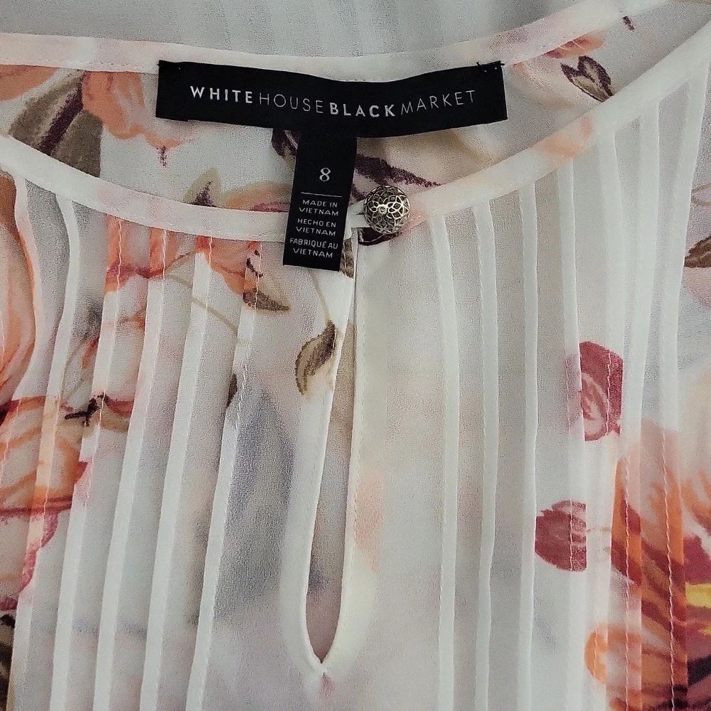 White House Black Market Women 8 Sheer Overlay Blouse Bell Sleeve Floral Keyhole - Picture 2 of 8